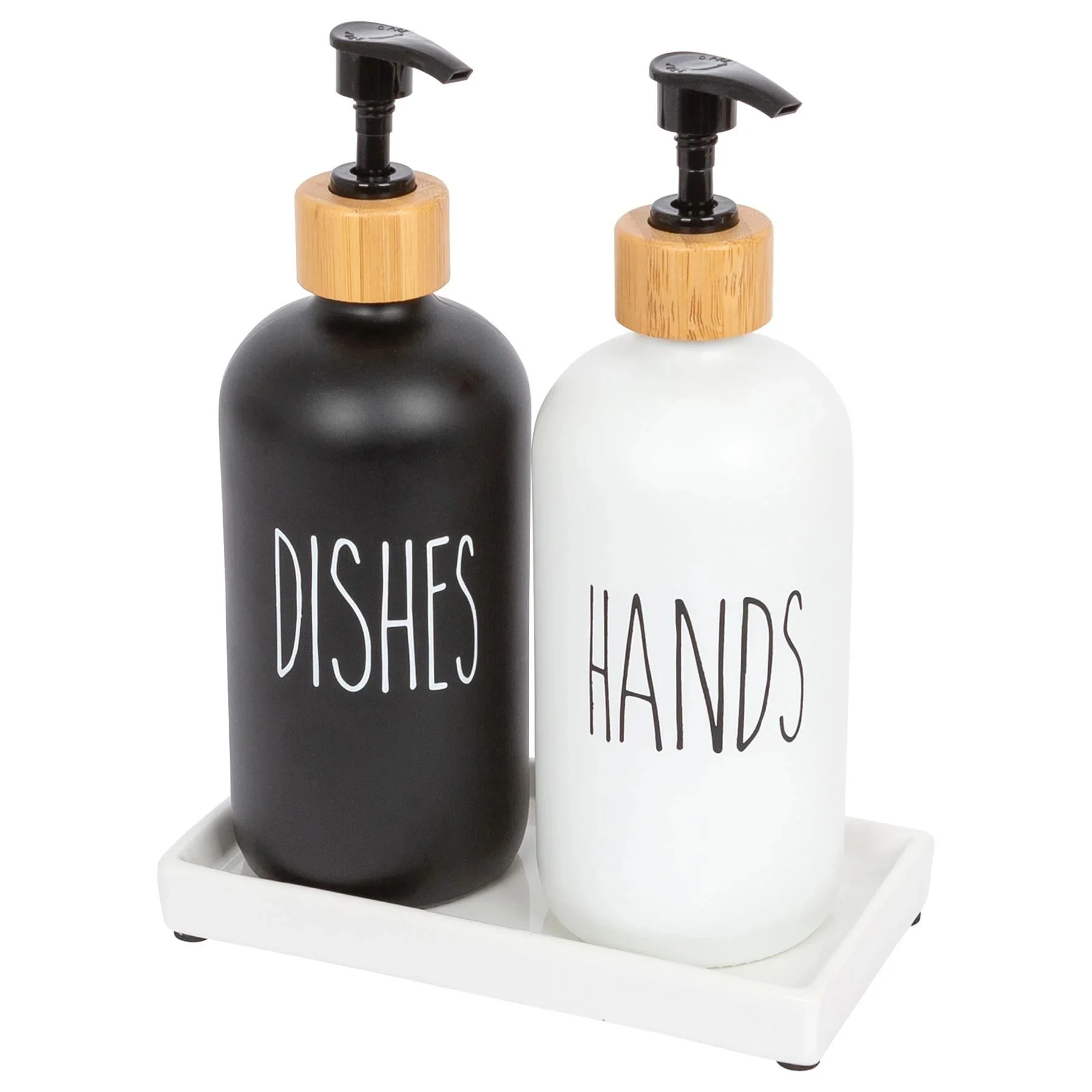 2pc Glass Hand & Dish Soap Dispenser Set With Ceramic Tray - 500ml - White/black