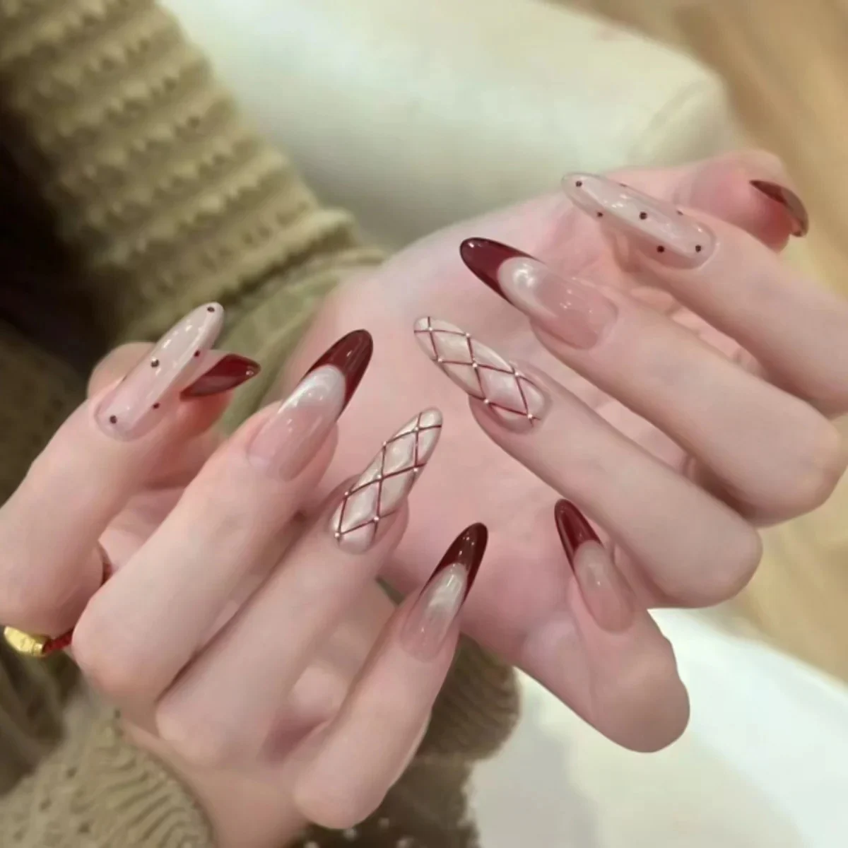 Chic Elegance Long Almond Ombre Pink And Red With Stunning Diamond Pattern Press On Nail Set
