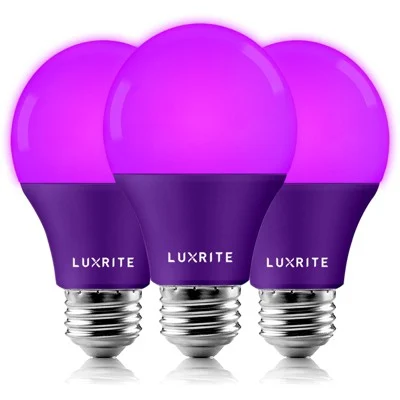 Luxrite A19 Led Purple Bulbs, 60w Equivalent, Non-dimmable, Ul Listed, Indoor Outdoor, Porch, Christmas, Decoration, E26 Standard Base 3 Pack