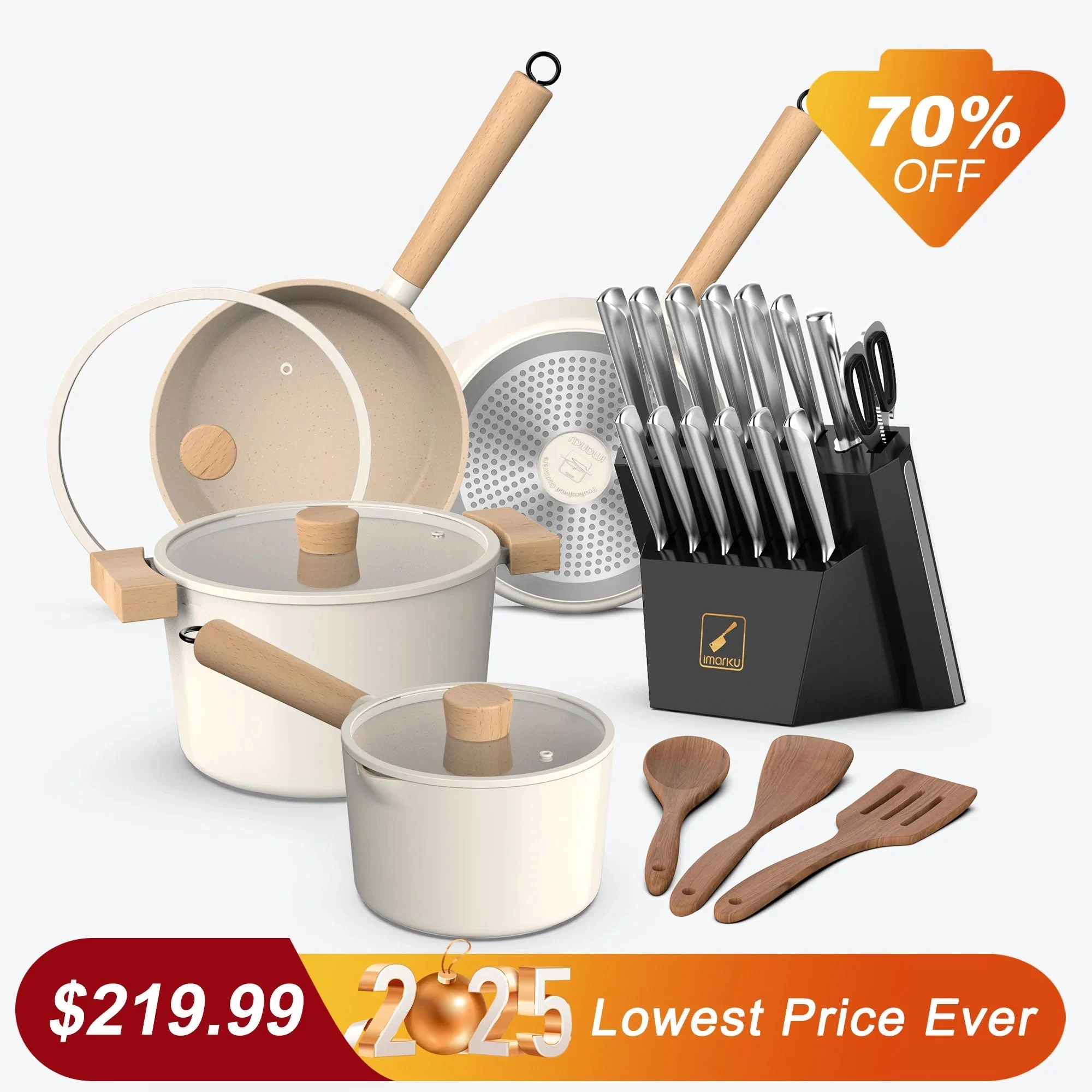 Pure White Granite Nonstick Cookware Set And 15-pcs Kitchen Knife Set Bundle