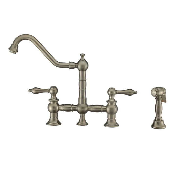 Lead-free Solid Stainless Steel Bridge Faucet With A Long Traditional Spout, Lever Handles And Side Spray