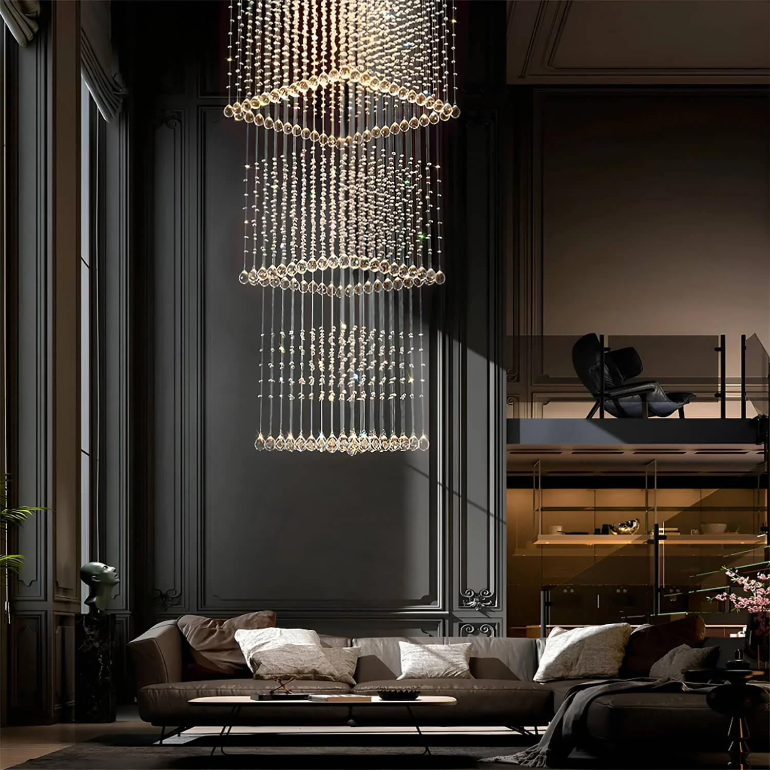 Square Long Crystal Raindrop Chandelier - W 31.5" X D 31.5" X H 94.5"(4 Levels)