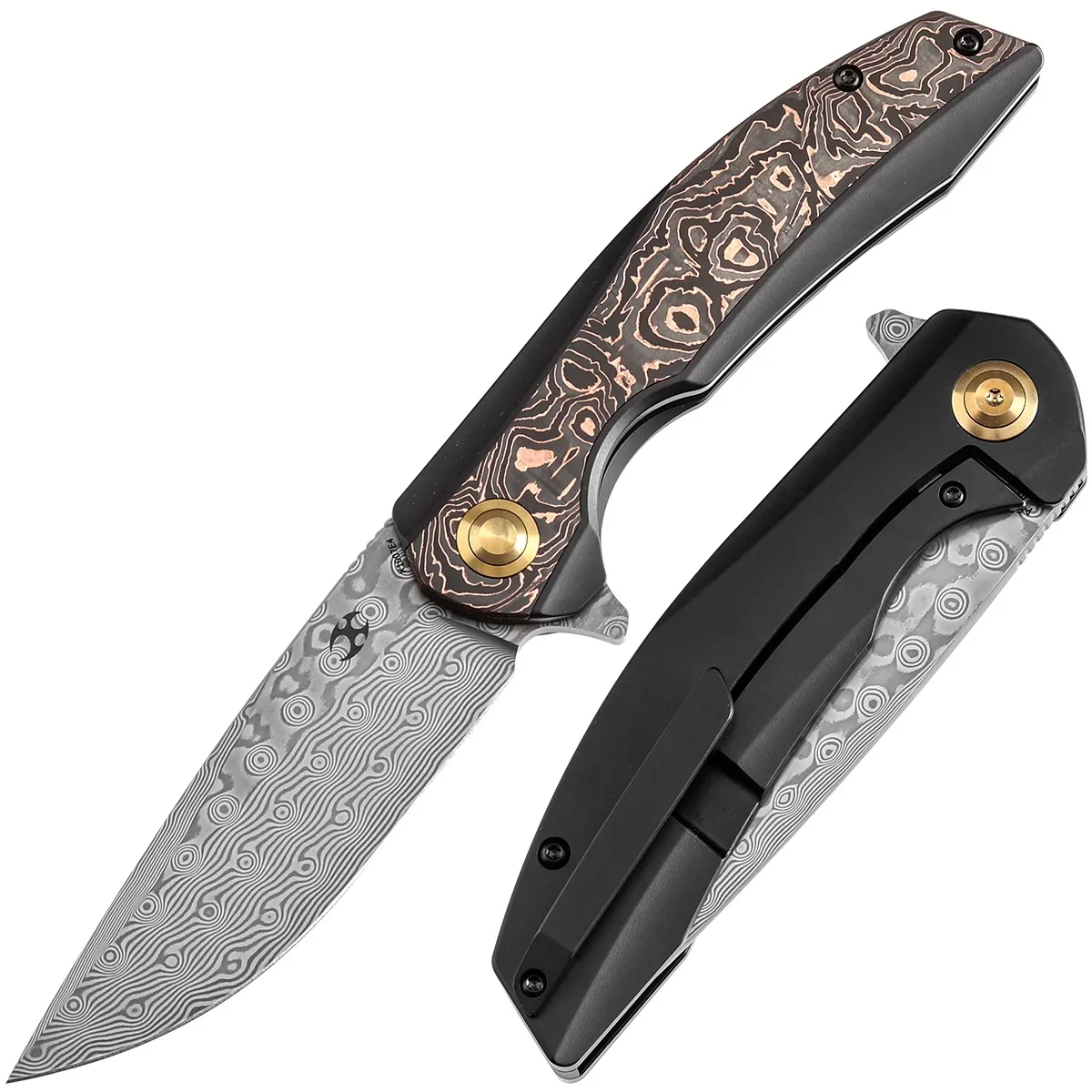 Kansept Accipiter Titanium And Copper Carbon Fiber Handle (3.50" Damascus Blade) Kim Ning Design-k1007e4