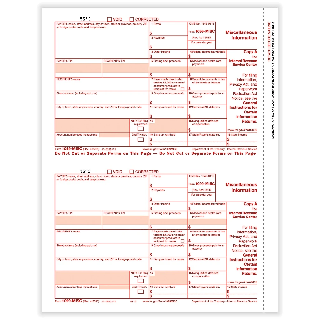 Complyright 1099-misc Tax Forms, Federal Copy A, 2-up, 8-1/2" X 11", Pack Of 50 Forms