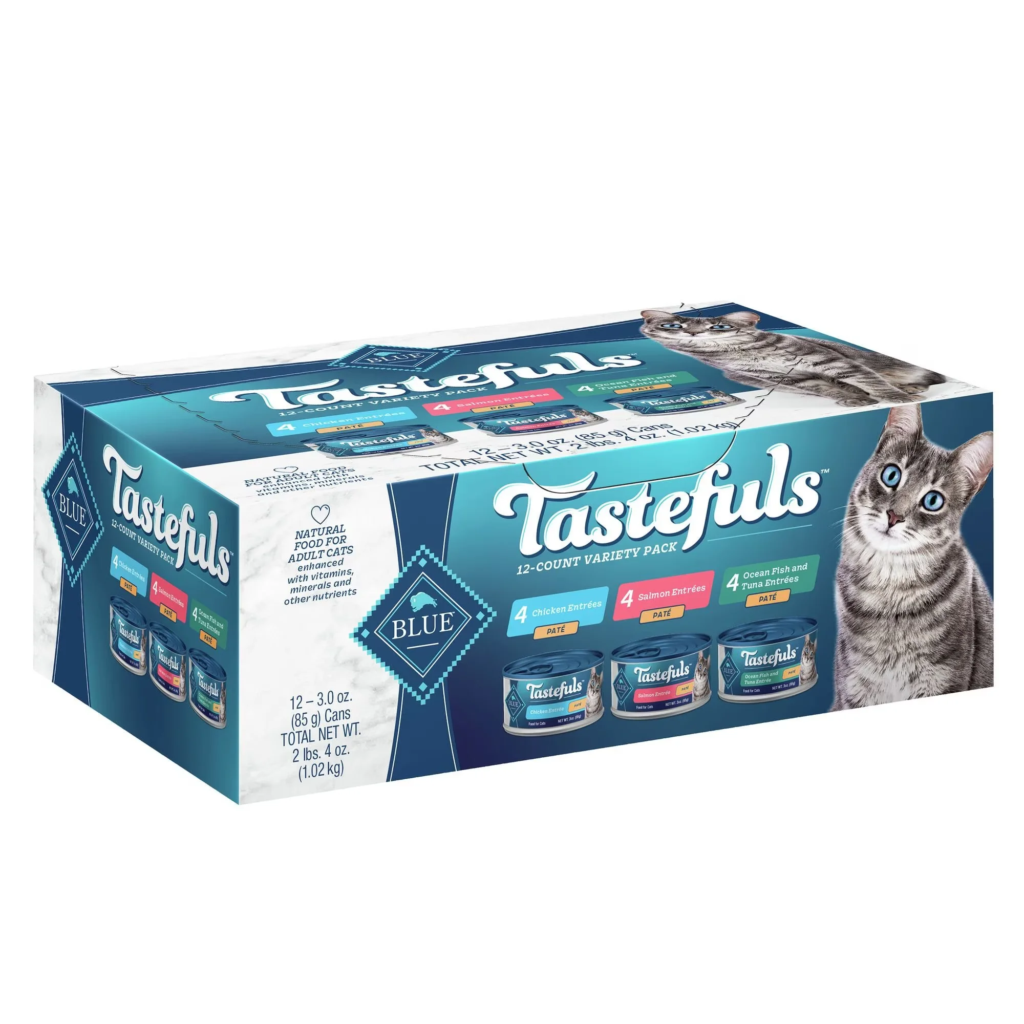 Blue Buffalo Tastefuls Salmon, Chicken, Ocean Fish & Tuna Entrées Variety Pack Pate Wet Cat Food, 3-oz Can, Case Of 12