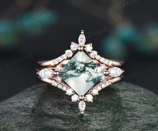 Princess Cut Moss Agate Ring Gold Vintage Green Moss Agate Engagement Ring Set Moissanite Ring Set