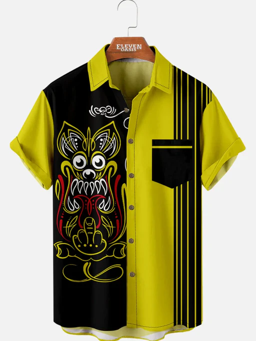 Men's Yellow And Black Rat Fink Pinstripe Short Sleeve Shirt - Xl/without Pocket