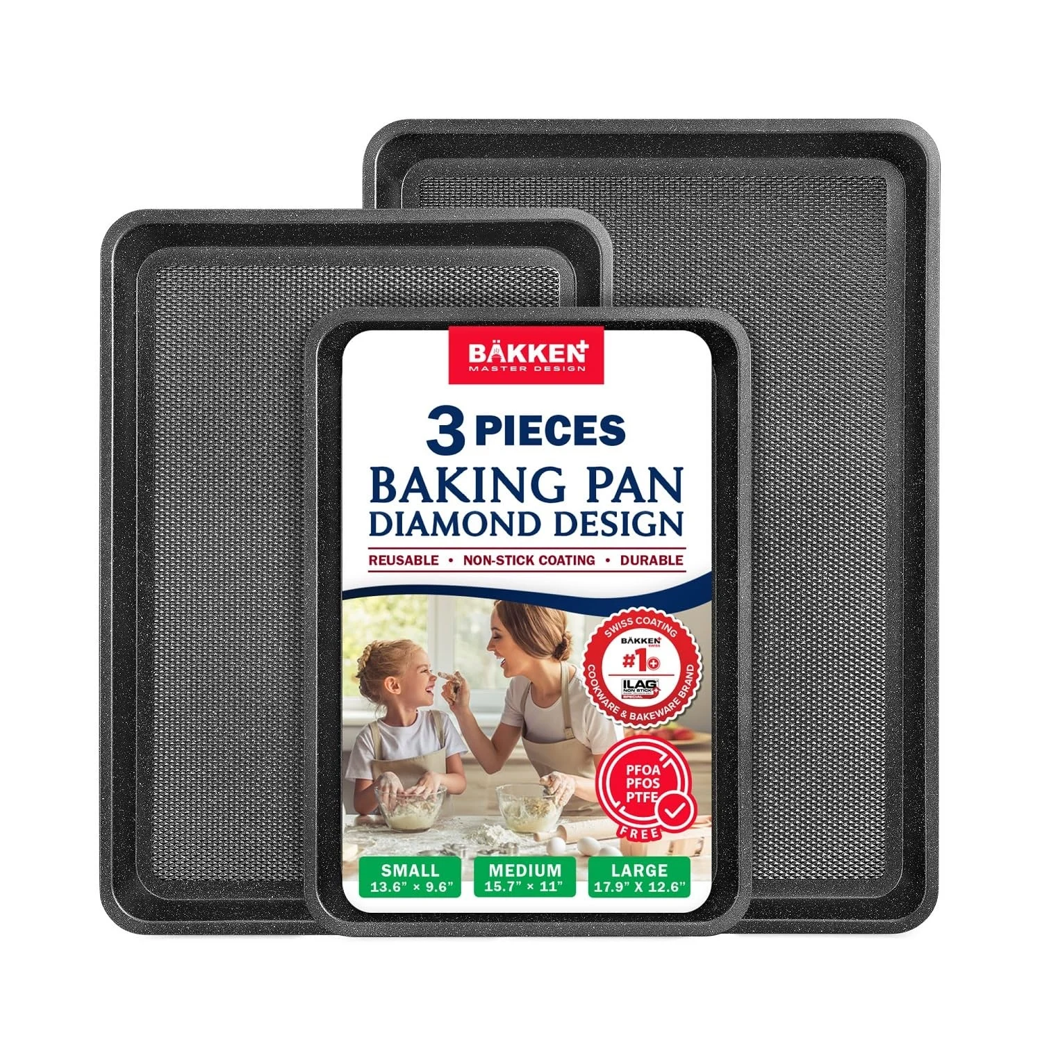 Bakken Kitchen Baking Pans - Small, Medium, And Large Cookie Pan (13.58×9.65, 15.75×11, 17.91×12.60), Nonstick, Diamond Texture Bottom, Pfoa, Pfos, Ptfe Free, Oven Safe (450°f), Pack Of 3, Gray Marble