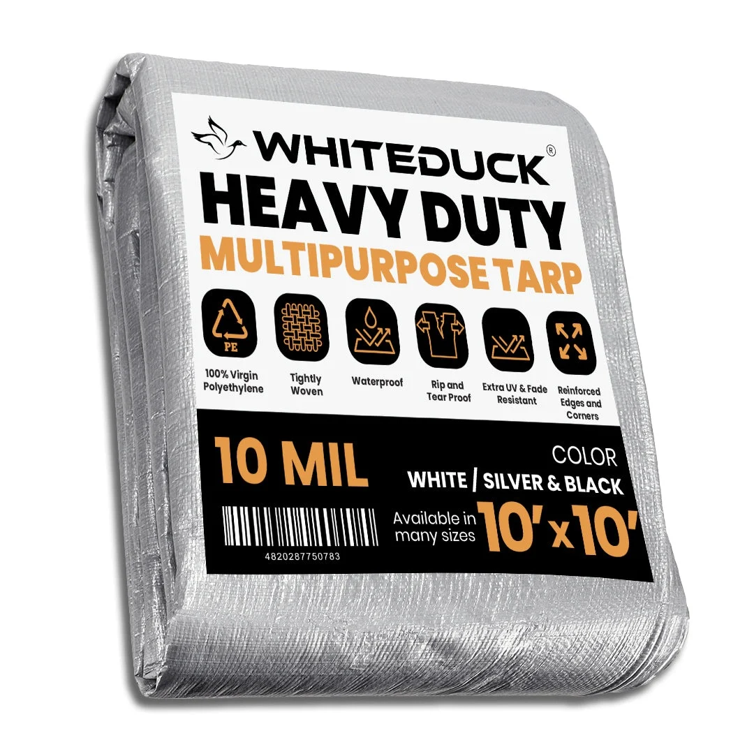 Heavy Duty Poly Tarp 10 Mil, 6 Oz. - 10’ X 10’/black & Silver