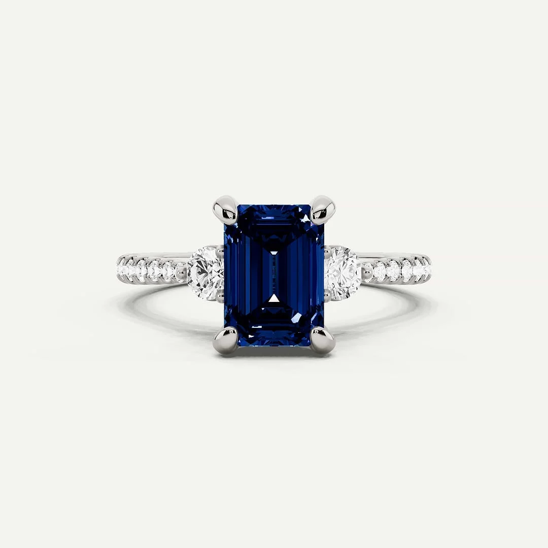 2 3/4 Ctw Emerald Created Sapphire Three Stone Hidden Halo Engagement Ring With Side Accent - 14k White Gold