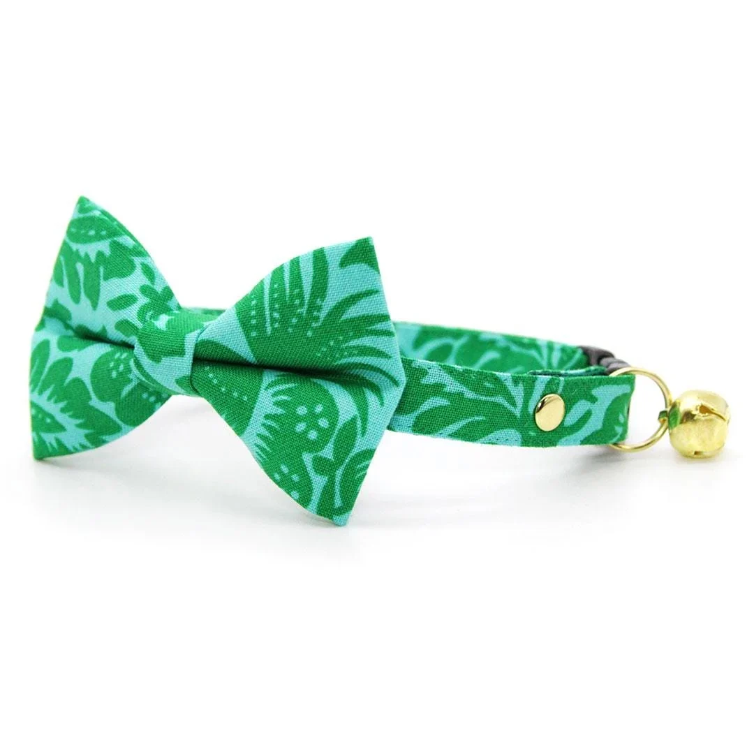 Bow Tie Cat Collar Set - "cabana Green" - Tropical Hawaiian Cat Collar With Bow Tie / Summer, Beach, Tiki / Cat, Kitten, Small Dog Sizes - Silver/breakaway