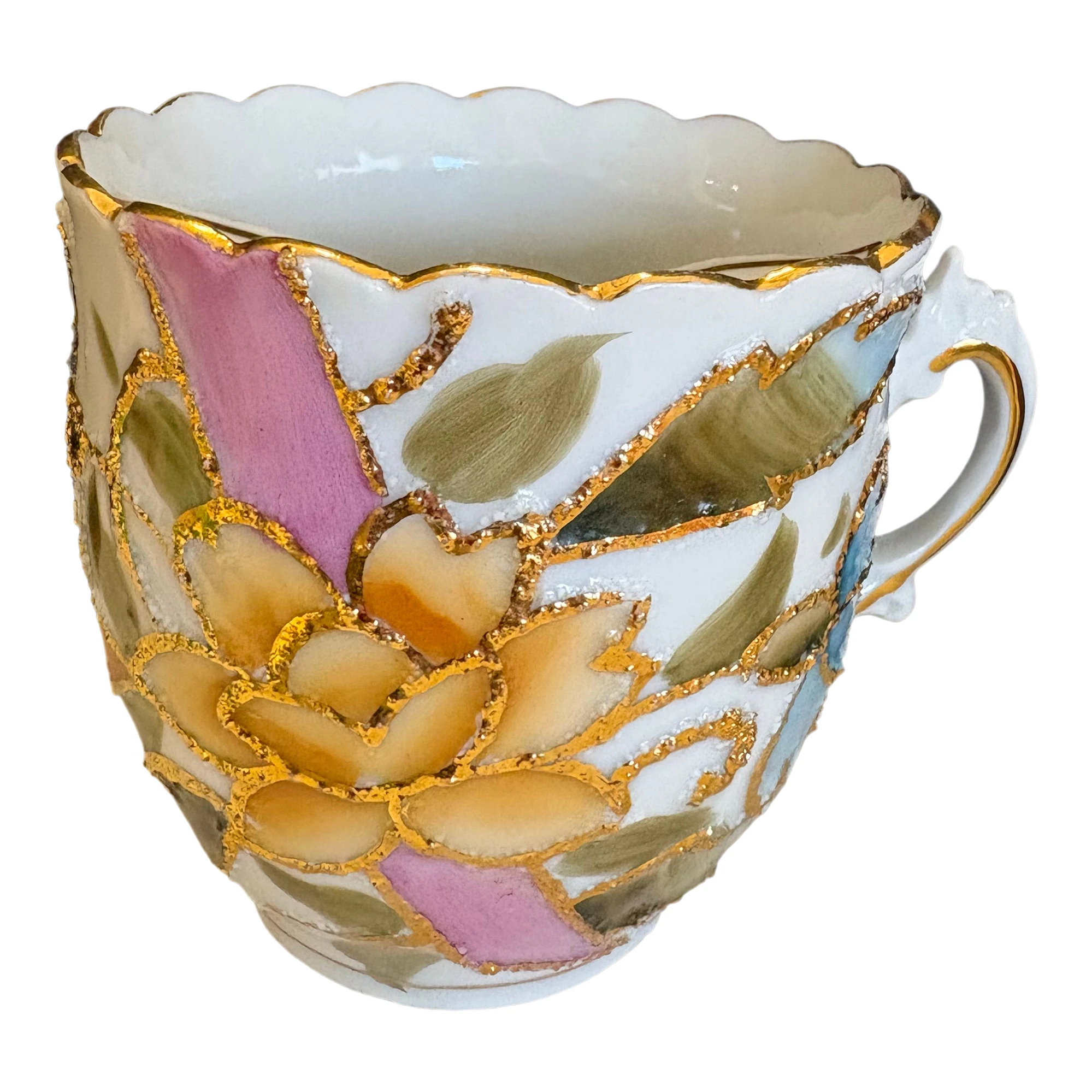 Antique Continental Porcelain Moustache Cup With Raised Gilt Florals, C. 1900