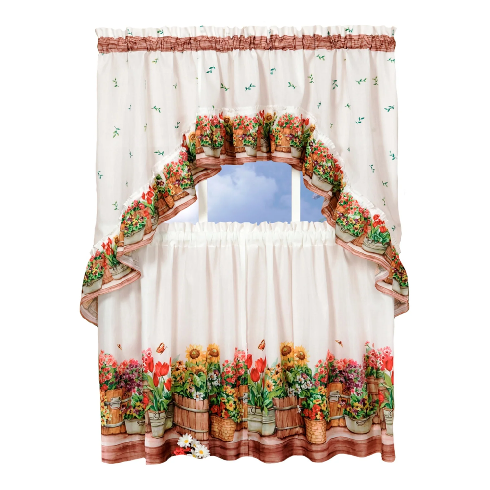Country Garden Printed Kitchen Curtain, 57x36 & 57x30 Inches