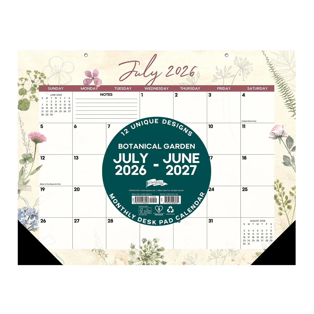 2026-2027 Willow Creek 22" X 17" Academic Monthly Desk Pad Calendar, Botanical Garden (66003)