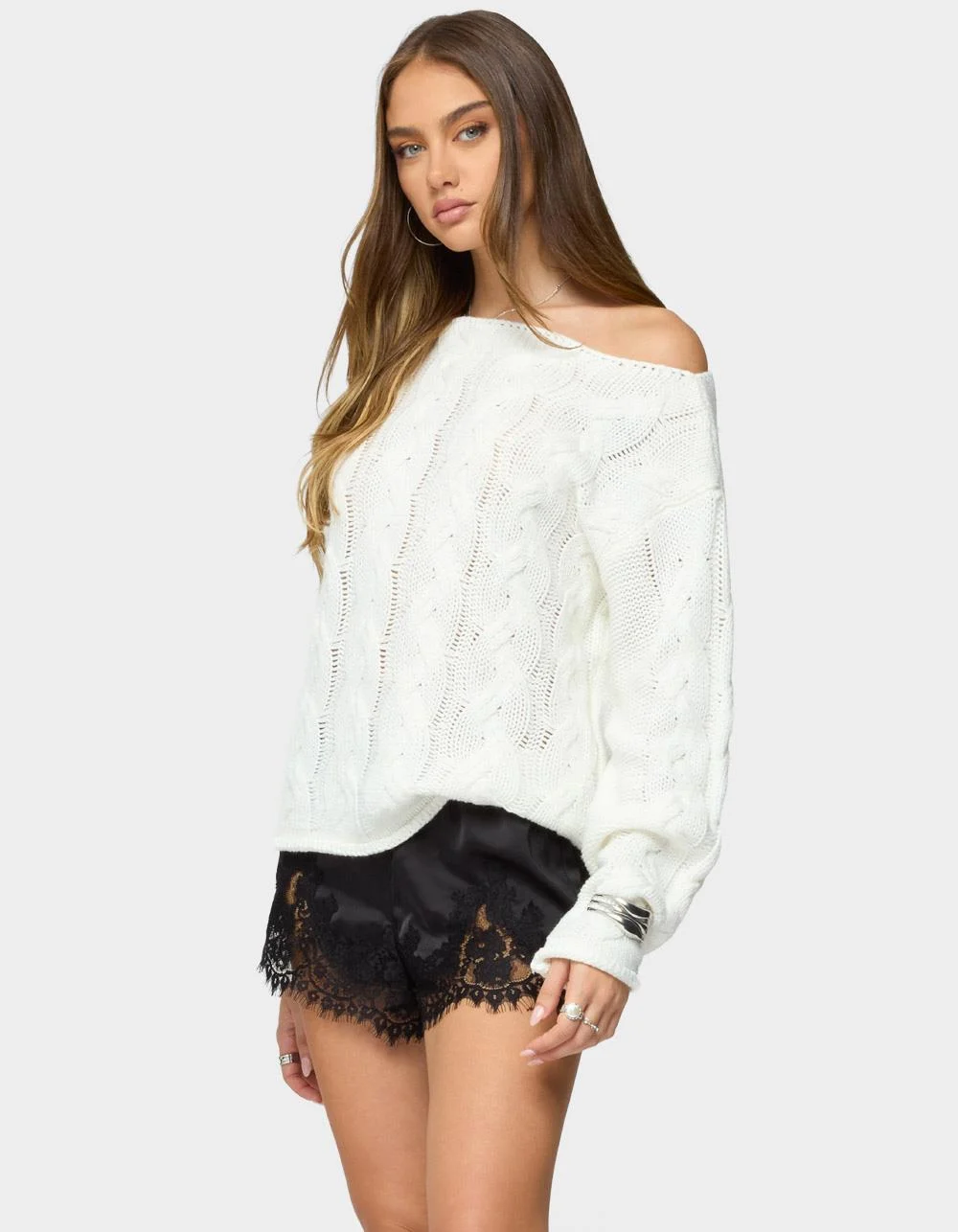 Edikted Nellie Off Shoulder Cable Knit Sweater