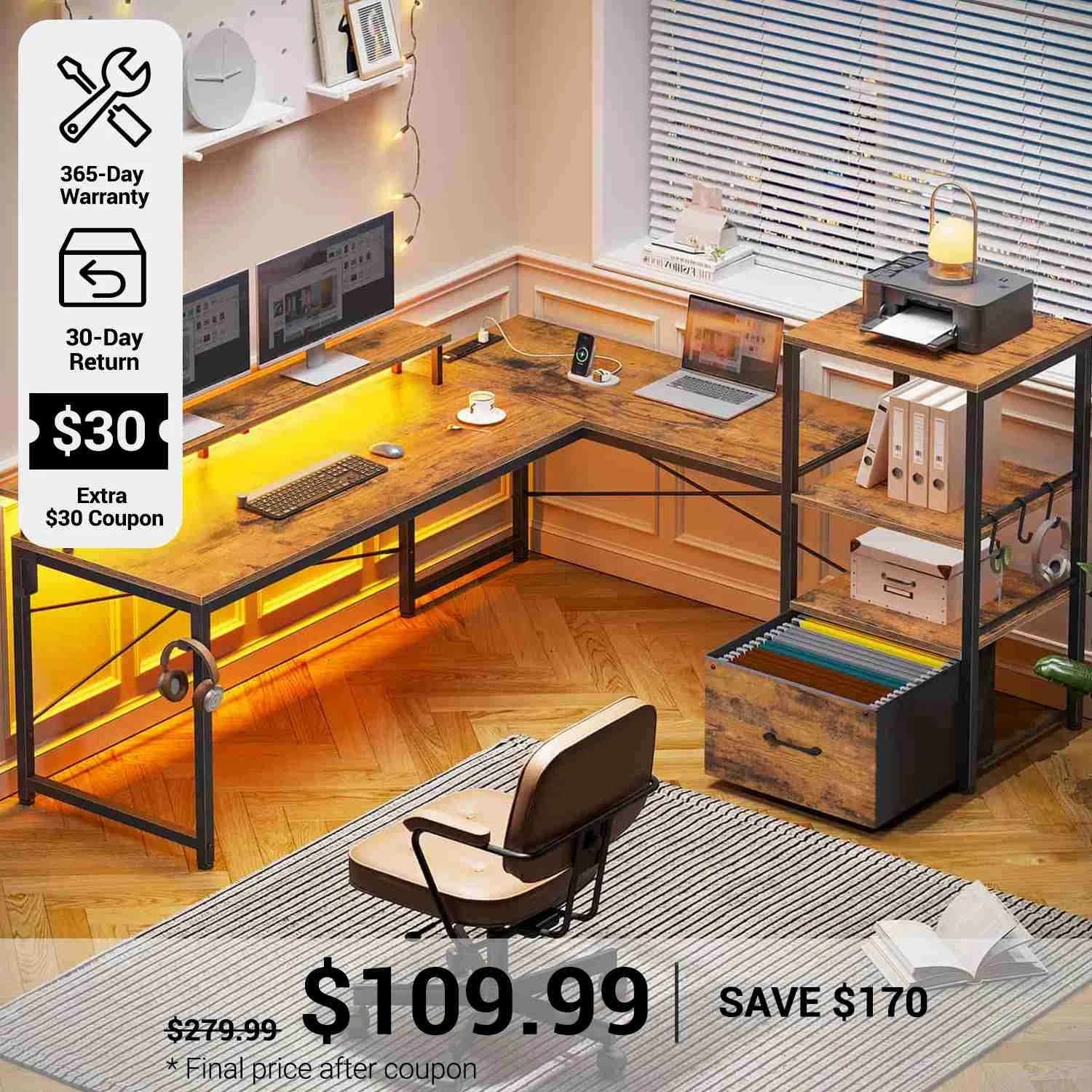 Sedeta® 51 Inch Corner Led Gaming Desk Home Office Computer Table With File Drawer