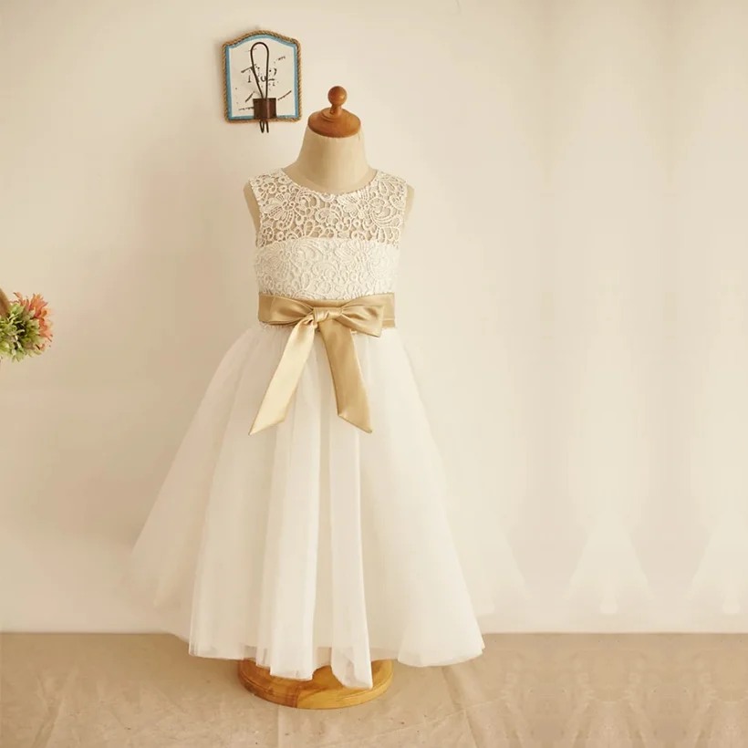 Ball Gown Illusion Neck Tea-length Lace Tulle Flower Girl Dress With Sashes/bow(s)