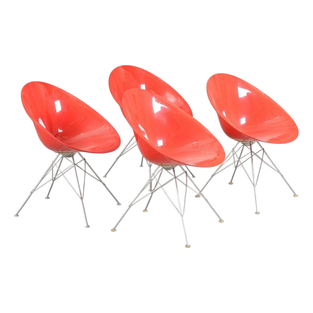 Eros Chairs In Steel And Red Plastic By Philippe Starck For Kartell, 2000s, Set Of 4