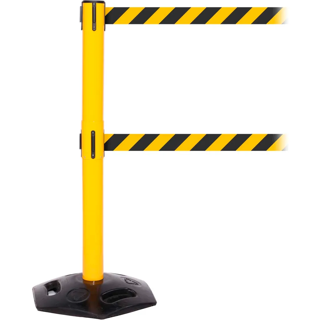 Weathermaster Twin Retractable Belt Barrier, 40" Yellow Post, 11' Black/yellow Belt
