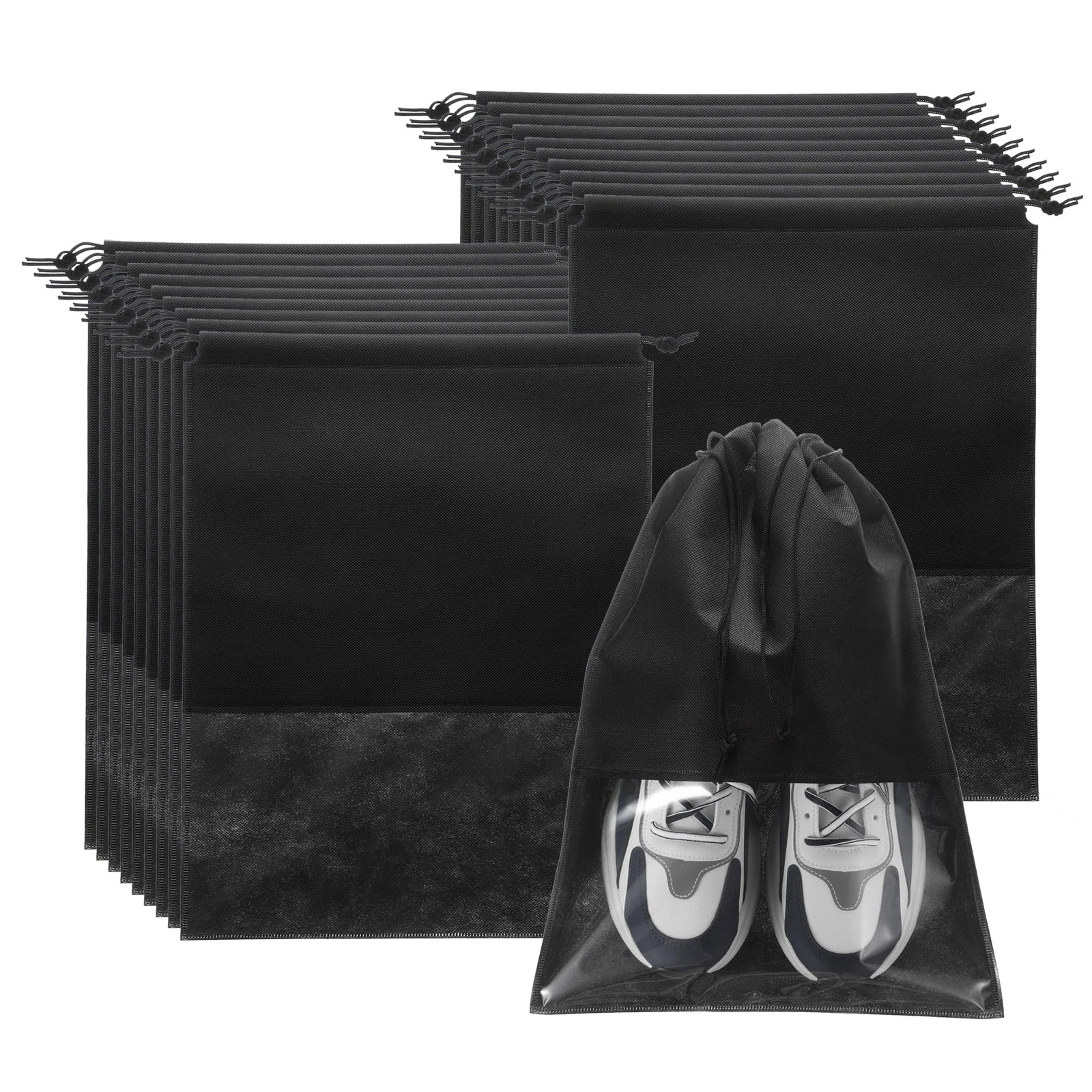 20pcs Travel Shoe Bags Non-woven Drawstring Organizers Bags, Black