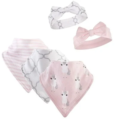 Hudson Baby Infant Girl Cotton Bib And Headband Set 5pk, Pink Unicorn, One Size