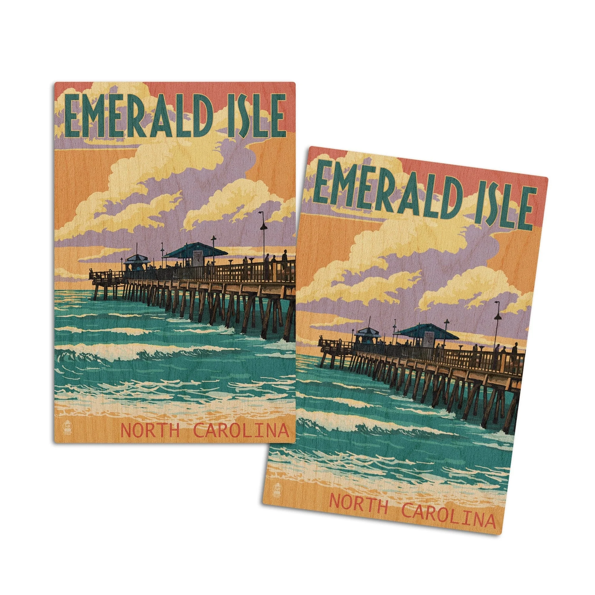 Emerald Isle, North Carolina, Fishing Pier, Lantern Press Artwork, Wood Signs And Postcards - 4x6 Wood Postcard Set