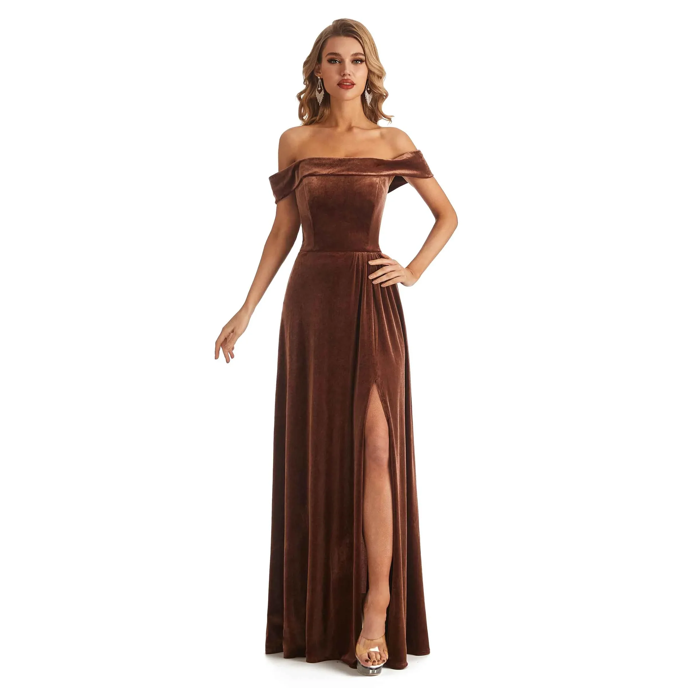 Elegant Mermaid Off The Shoulder Velvet Long Wedding Guest Dresses For Women - Plum