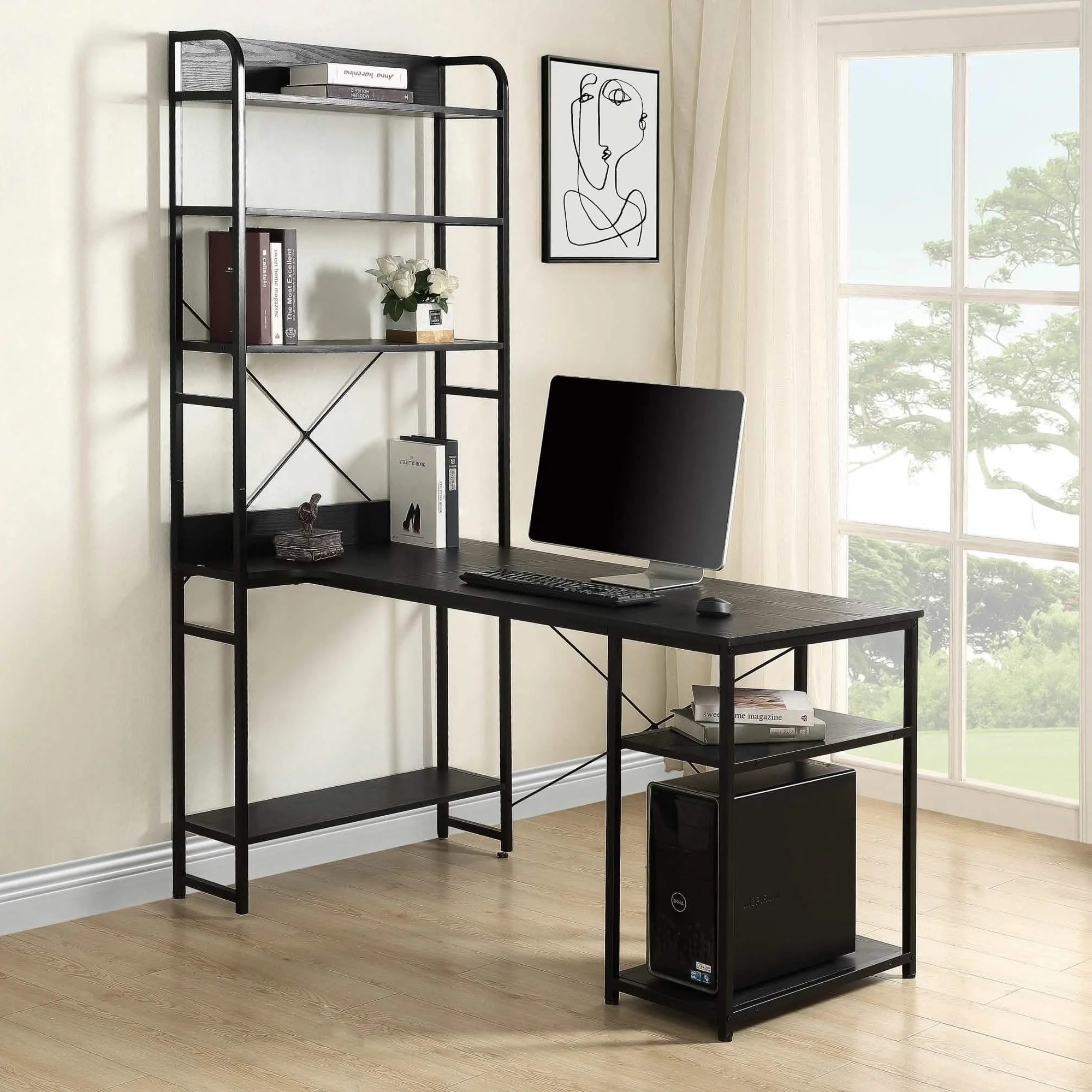 Computer Desk With 4 Tier Storage Shelves Large L-shaped - Black