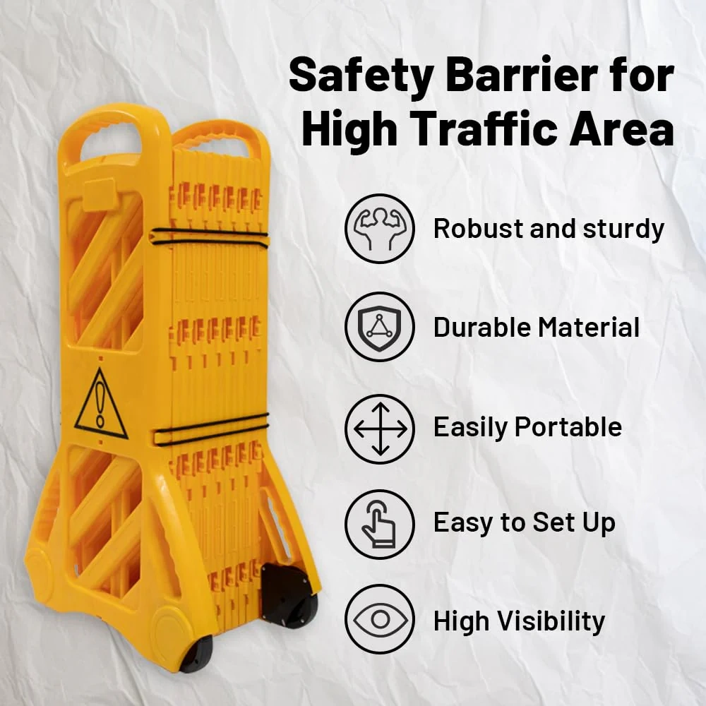 13ft Expandable Mobile Safety Barrier With Locking Straps Ansi & Osha Compliant Folding Barricade Gate With Silent Rubber Wheels For Traffic Control, Construction & Commercial Safety