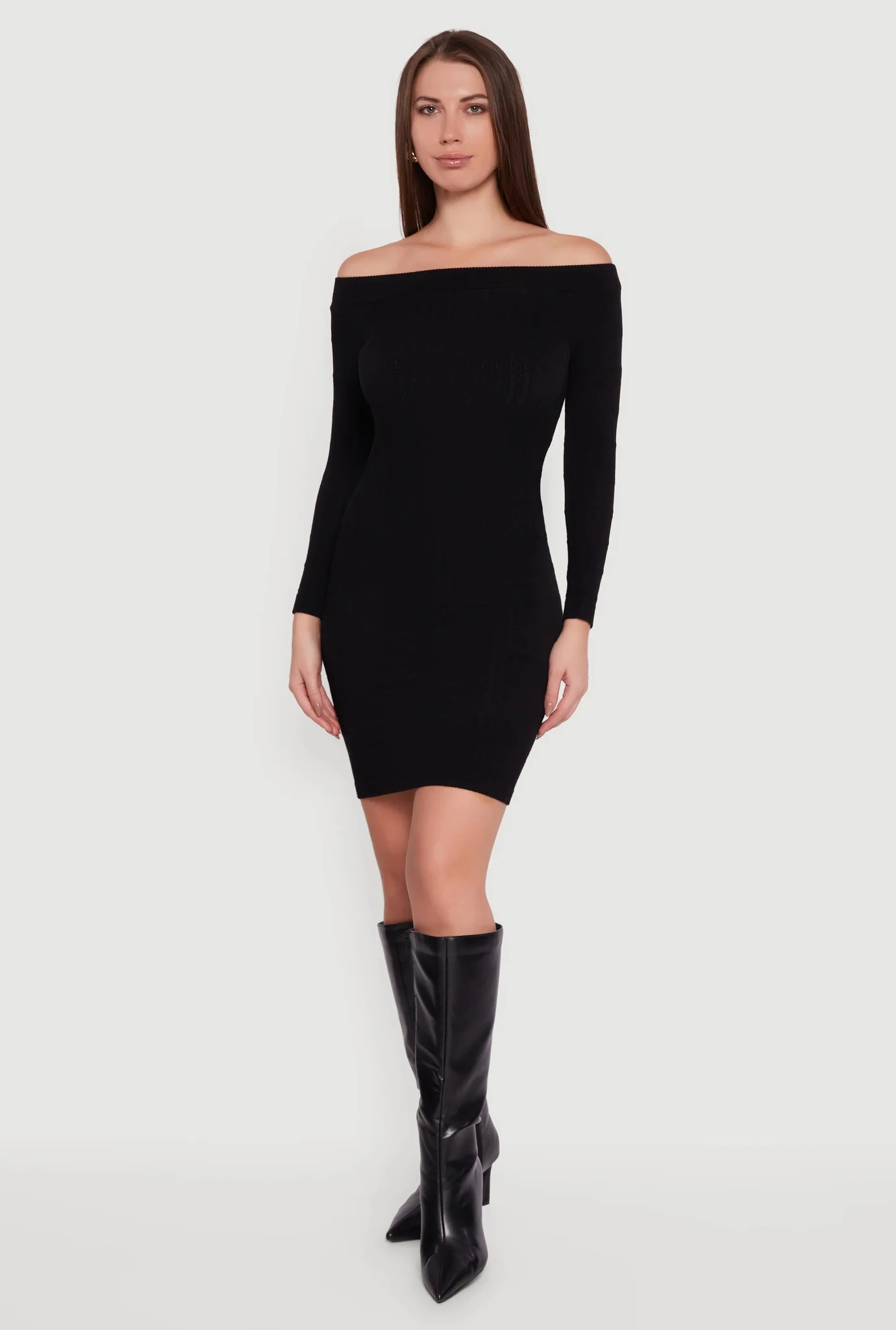 Long Sleeve Off The Shoulder Mini Dress - Beige