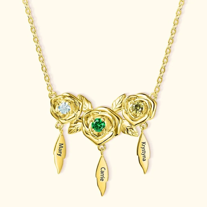 Personalised Rose Birthstone Necklace With Name Leaf Charm Family Zircon Jewellery Anniversary Birthday Gift For Her