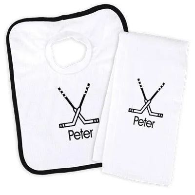 Personalized Basic Bib & Burp Cloth Set With Hockey Sticks - White With Navy Blue Trim