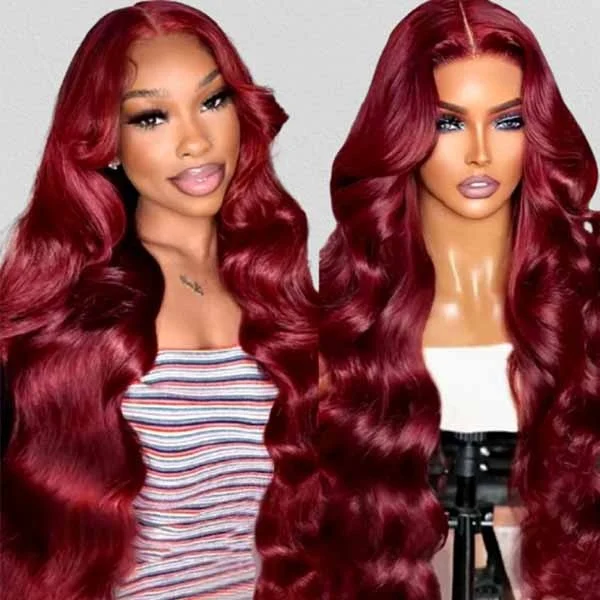 Lolly 99j Glueless Lace Front Wig Body Wave 13x4 Hd Lace Burgundy Human Hair Wig - 30/180% 13x4 Wig