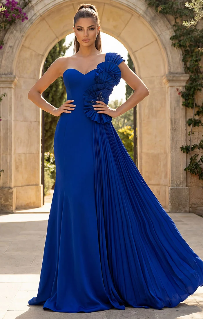 One Shoulder Pleated Gown With Floral Ruffle Detail 47202
