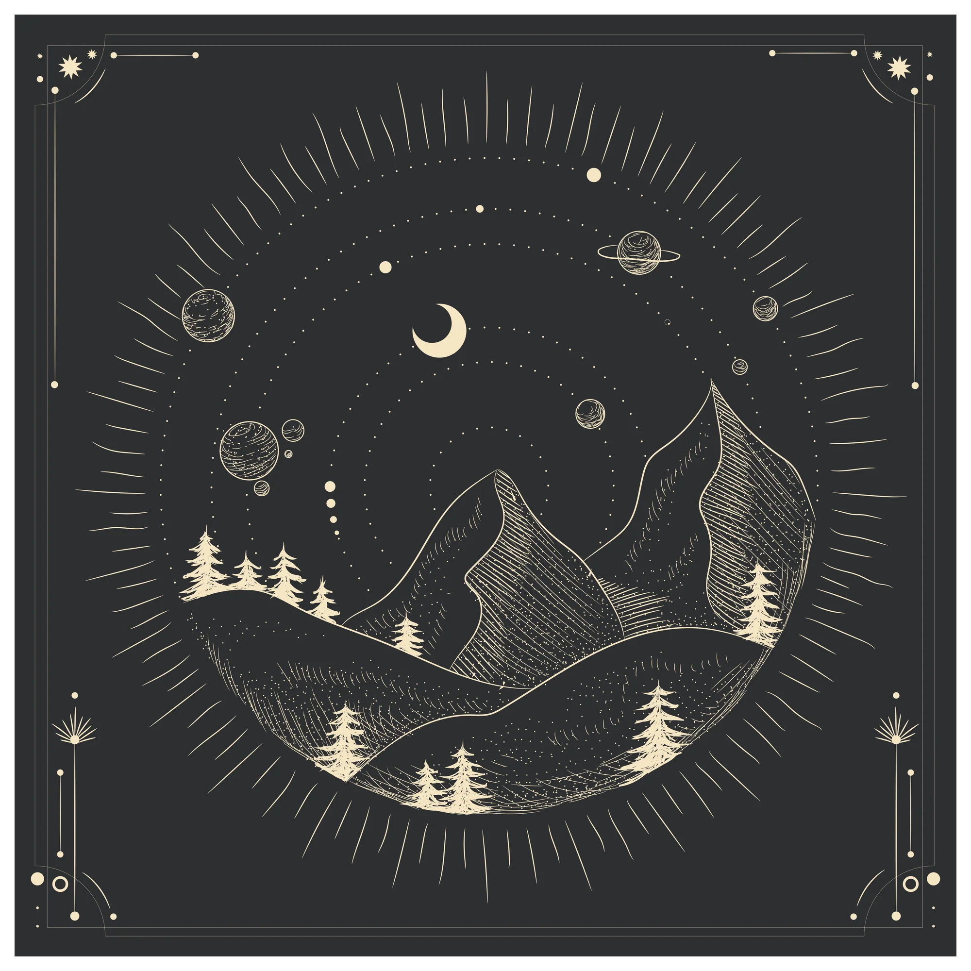 Moon Phases: Moonlight Murals Mountains - Removable Wall Adhesive Decal - Large (39.5"w X 39.5"h)