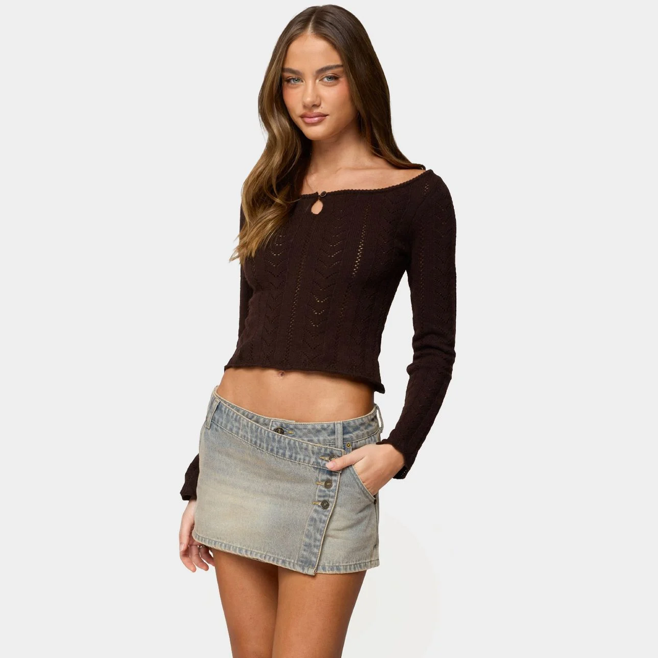 Edikted Khari Keyhole Pointelle Knit Top - Brown - S