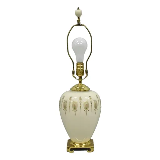 Vintage Lenox Porcelain And Brass Cream Jardinierie Decorated Table Lamp