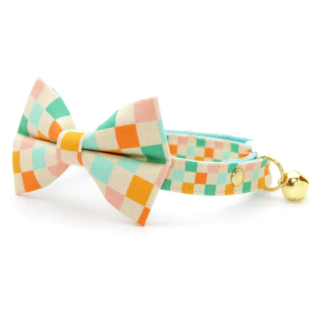 Checkered Bow Tie Cat Collar Set - "checkmate" - Retro Pastel Checked Cat Collar W/ Bowtie / Fun, Trendy, Groovy Y2k Cat, Kitten, Small Dog - Gold/adult Cat (8-13)/non-breakaway