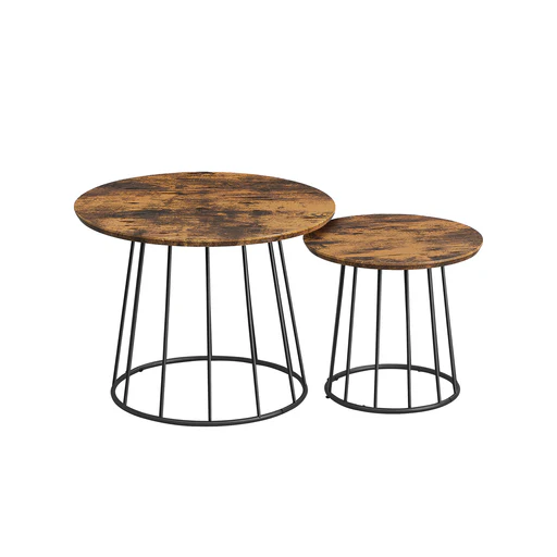 Set Of 2 Round Coffee Tables With Steel Frames - Rustic Brown