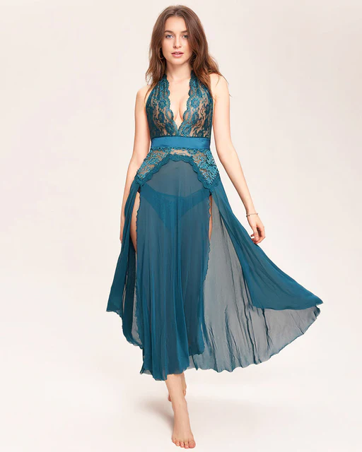 Deep V Neck Lace Mesh Dress-blue Green