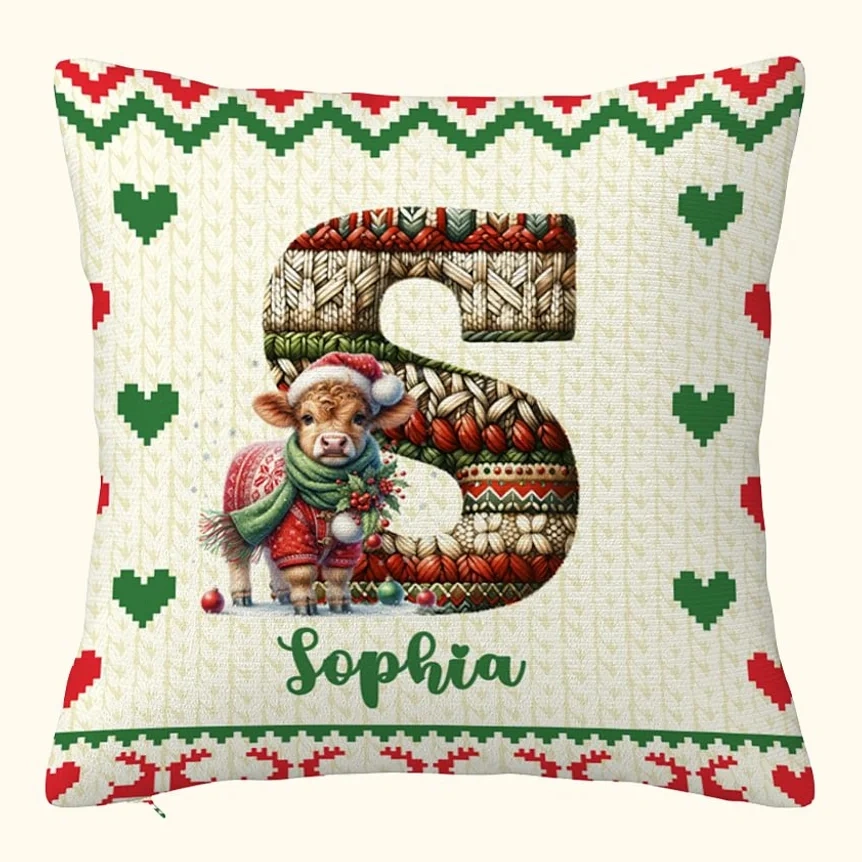 Personalised Animals In Christmas Sweater Soft Throw Pillow Cover With Knitted Initial And Name Home Decor Christmas Gift For Family Kids