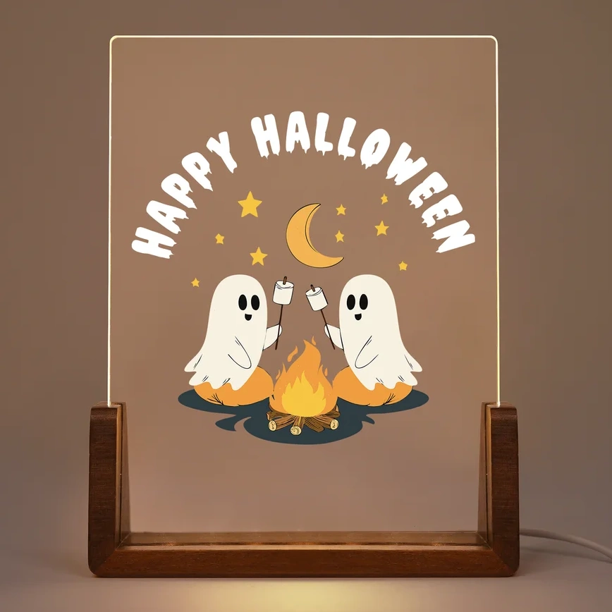 Luce Notturna Personalizzata Ghost Campfire Acrylic Led Con Testo E Base In Legno Regolabile A 7 Luci