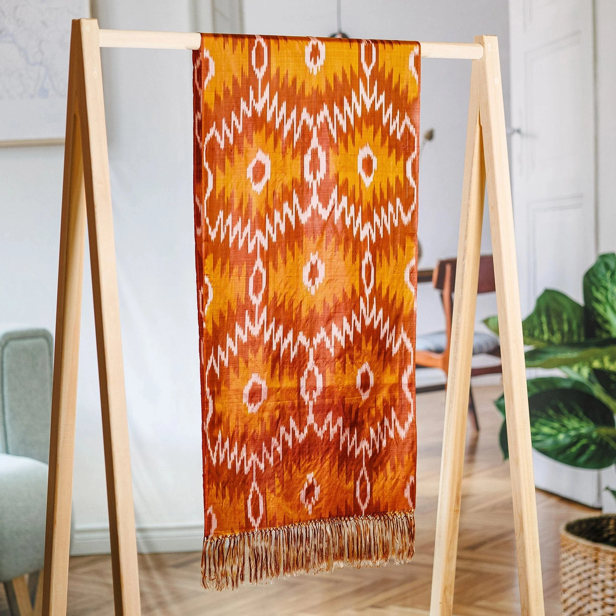 Handloomed Ikat Patterned Soft Silk Scarf In Brown Hues - Desert Halo