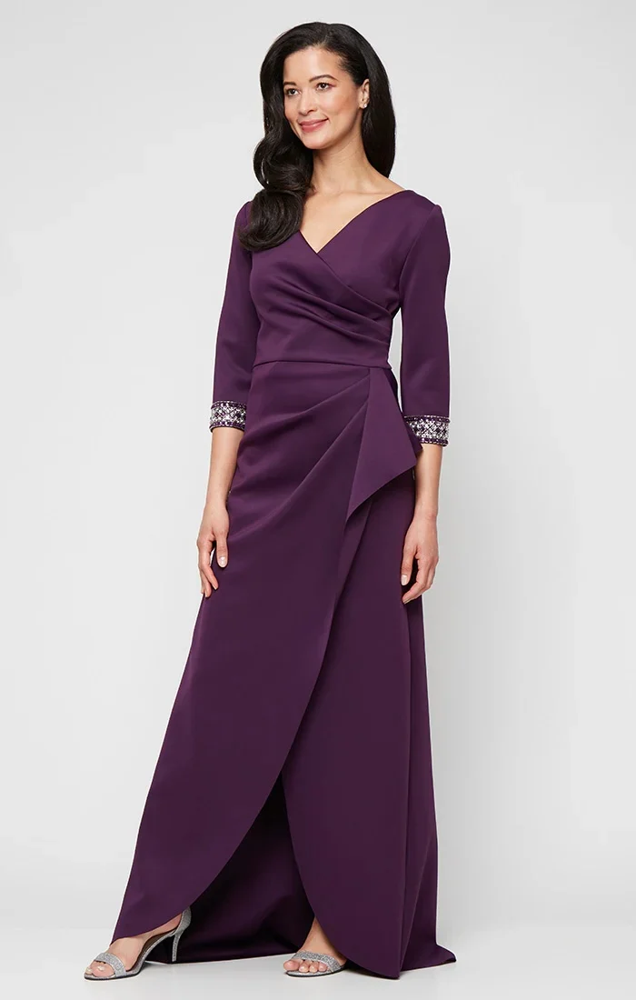 Petite Long Stretch Scuba Crepe Dress With Surplice Neckline, Embellished Sleeve Detail And Tulip Overlay Cascade Skirt - 4p