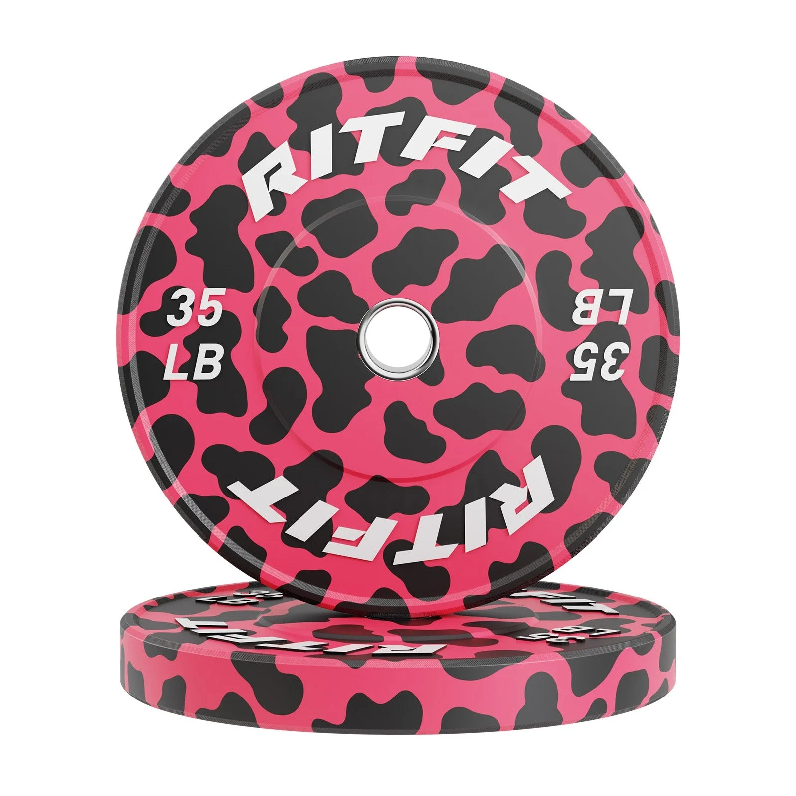 Ritfit Pink Leopard Print Bumper Plates Olympic 2-inch Rubber - 35lb Pair