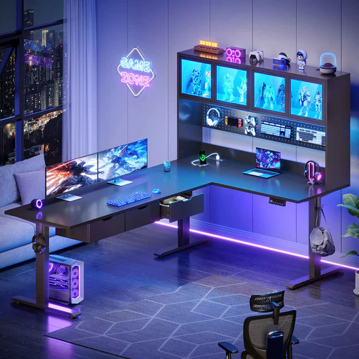 Sedeta 68.9 Inch Electric Standing Desk Height Adjustable L Shaped Gaming Desk Office Computer Desk With Led Lights Storage Drawers Hutch
