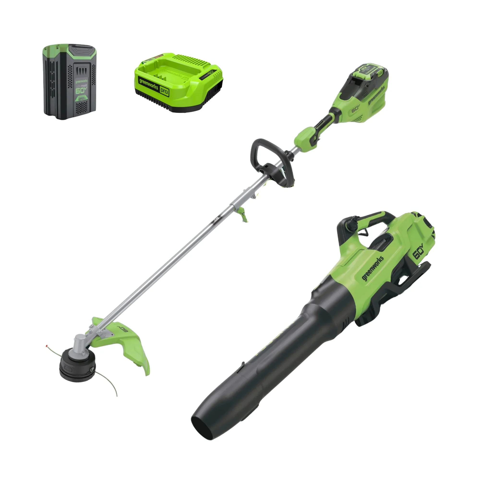 60v 16" Cordless Battery Top Mount String Trimmer + 750cfm Blower W/2.5ah Battery And 3a Charger