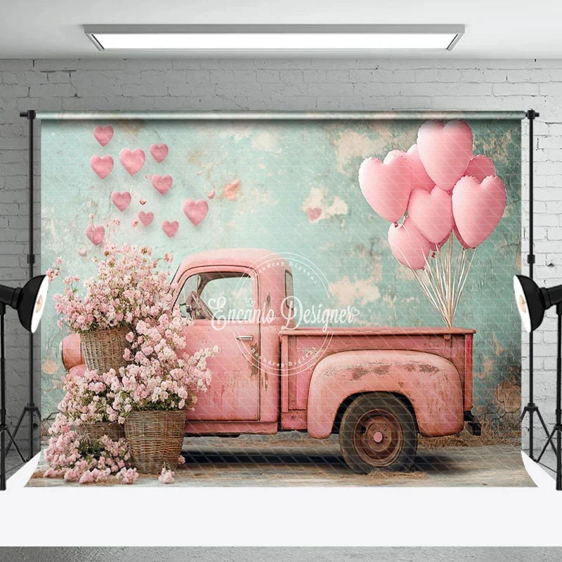 Aperturee Pink Retro Truck Shabby Green Wall Floral Backdrop - 3x2ft(1mx0.6m)