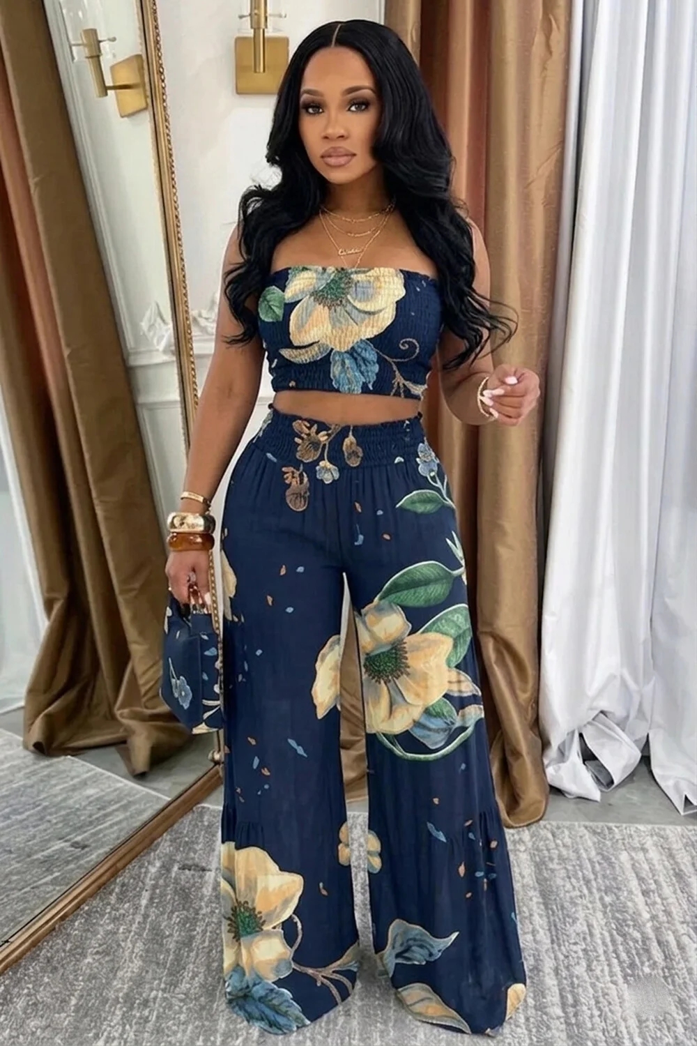 Floral Print Strapless Top Wide Leg Pants Casual 2pcs Set Navy