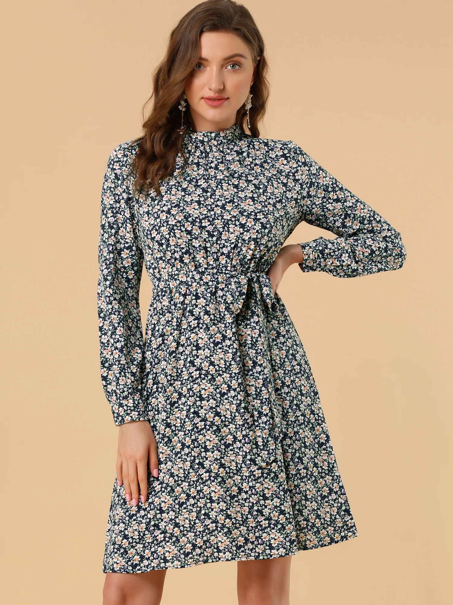 Mock Neck Swing Knee Length Long Sleeve A-line Floral Dress - Yellow Leaves/xs